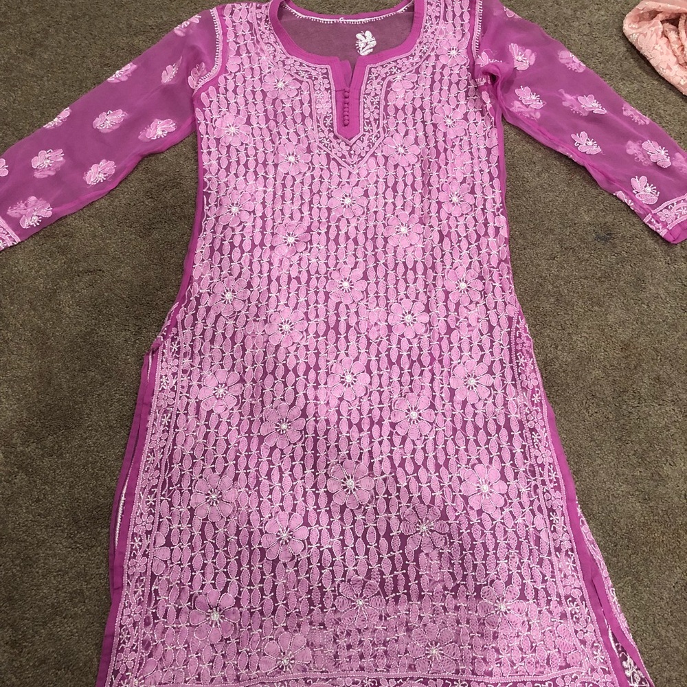 Pretty Lucknowi pink kurti with hand thread work!